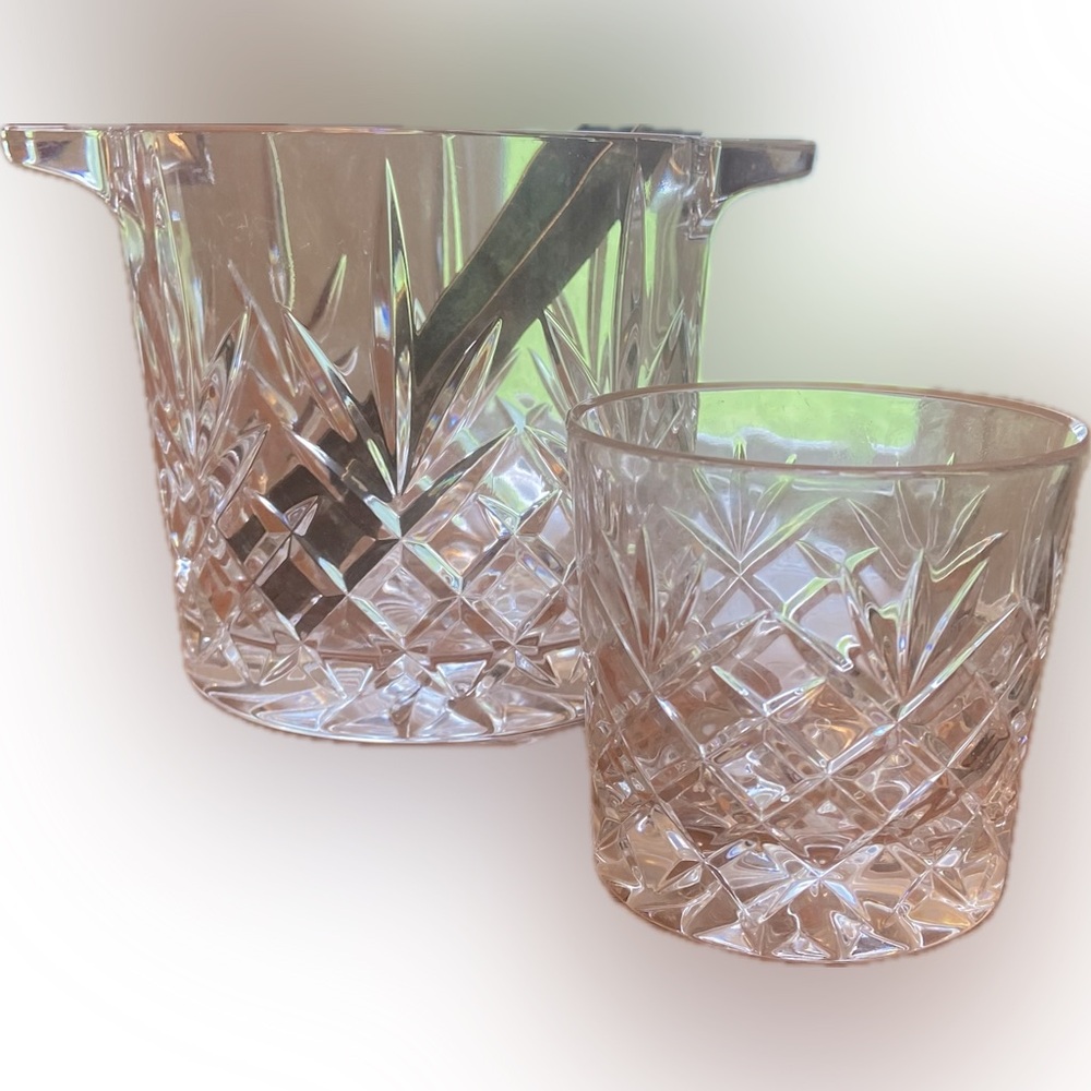 Vintage Cristal D’Argues ice bucket with silver tong and whisky glass